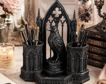 Gothic Raven Desk Organizer ,Raven Pen Holder ,Gothic Pencil Cup ,Dark Academia Desk Accessory , Halloween Office Decor
