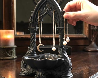Gothic Cathedral Jewelry Stand, Black Victorian Organizer, Dark Academia Trinket Tray