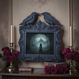 May include: A rectangular black ornate frame featuring two sculpted ravens perched on top. The frame contains an image of a figure standing before a distant castle in a misty forest. The frame is flanked by two brass candlesticks with cream candles.