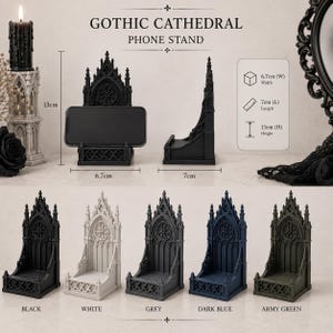 Black Gothic Cathedral phone stand displayed on a modern desk holding a smartphone.
Side view of Gothic Cathedral phone holder showing detailed medieval window design.
Front view of cathedral-inspired smartphone stand with gothic architectural details.