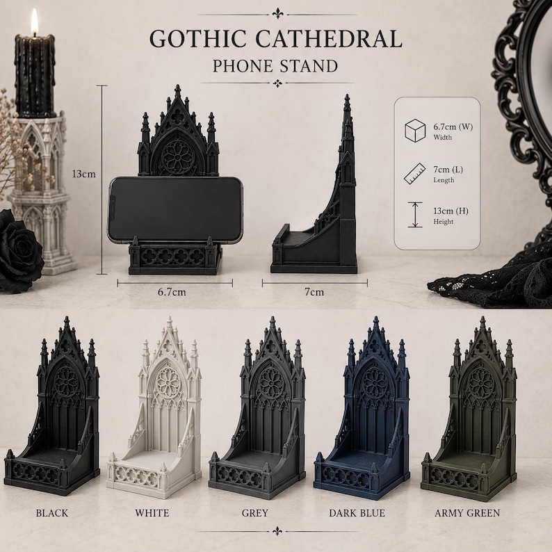 Black Gothic Cathedral phone stand displayed on a modern desk holding a smartphone.
Side view of Gothic Cathedral phone holder showing detailed medieval window design.
Front view of cathedral-inspired smartphone stand with gothic architectural details.