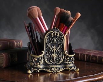 Gothic Ornate Desk Organizer, Black Gold Pen Holder, Dark Academia Vanity Storage