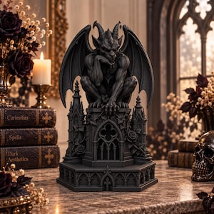 Puede incluir: Una estatua de gárgola en negro mate sobre un pedestal gótico detallado con ventanas arqueadas y tallas de rosas. La criatura alada está sentada en una pose contemplativa con una mano cerca de la barbilla, mostrando texturas intrincadas.