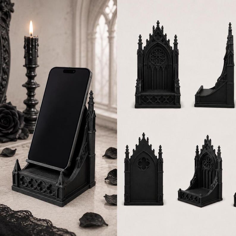 Black Gothic Cathedral phone stand displayed on a modern desk holding a smartphone.
Side view of Gothic Cathedral phone holder showing detailed medieval window design.
Front view of cathedral-inspired smartphone stand with gothic architectural details.