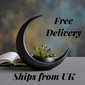 May include: A black crescent-shaped ceramic planter holding a small green plant. The planter has a smooth, matte finish and sits on a gray surface. An open book is visible in the background. The text "Free Delivery" is displayed.