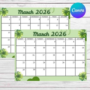 Può includere: Due calendari di marzo 2026 con sfondo verde chiaro e accenti di trifoglio. I calendari hanno un layout a griglia con date e giorni della settimana. La parola "Canva" è in un cerchio blu in alto a destra.