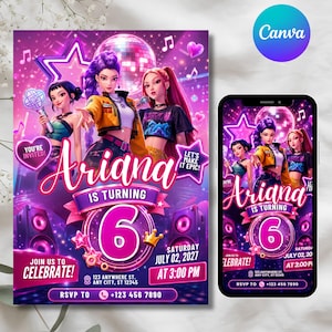 Pode incluir: Um convite vibrante para uma festa de aniversário de 6 anos, com um tema de estrela pop. O convite inclui ilustrações de três meninas animadas, notas musicais e uma bola de discoteca. O texto diz "Ariana faz 6 anos".