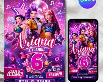 Kpop Demon Hunters verjaardagskaart, bewerkbare uitnodiging voor een Kpop-feestje voor meisjes, muzikaal verjaardagsfeest, zelf te maken tekst, direct te downloaden