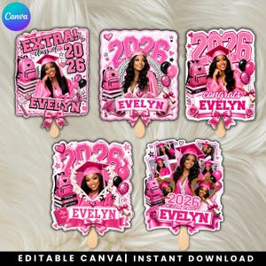 Modelos editáveis de leques rosa para formatura, leques personalizados para formatura, conjunto de 5 modelos para Canva, lembrancinhas de formatura "faça você mesmo"