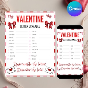 Pode incluir: Um jogo de embaralhamento de letras do Dia dos Namorados com um design vermelho e branco. O jogo apresenta o título "VALENTINE LETTER SCRAMBLE" e instruções para desembaraçar as letras. Inclui um telemóvel a exibir o mesmo jogo.
