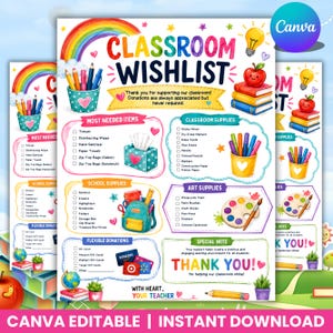 Op de afbeelding: Een verlanglijst-flyer voor het klaslokaal met een regenboog, een gloeilamp en stapels boeken. Het bevat secties voor benodigde items, schoolbenodigdheden, kunstbenodigdheden en flexibele donaties met selectievakjes en kleurrijke illustraties.