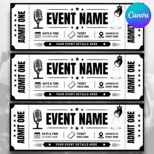 May include: Three black and white event tickets with the text "EVENT NAME". Each ticket features a microphone, calendar, ticket icon, location pin, and the text "ADMIT ONE". The tickets are designed with stars and spotlights.