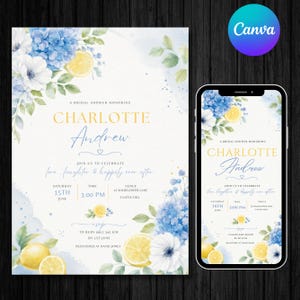 May include: A bridal shower invitation featuring watercolor blue hydrangeas, white anemones, and yellow lemon slices. The text reads: A BRIDAL SHOWER HONORING CHARLOTTE ANDREW, JOIN US TO CELEBRATE love, laughter & happily ever after, SATURDAY 15TH JUNE, 3:00 PM, 22 WILDFLOWER LANE, CASTLE HILL, RSVP TO RUBY 0413 345 678 BY 1ST JUNE, REGISTERED AT DAVID JONES.