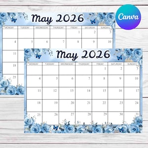Peut inclure: Deux calendriers de mai 2026 avec un motif floral. Les calendriers sont bleu clair avec des roses bleues et des papillons. Le mot "Mai" est en écriture cursive, et l'année est en gras. Le logo Canva est dans le coin supérieur droit.