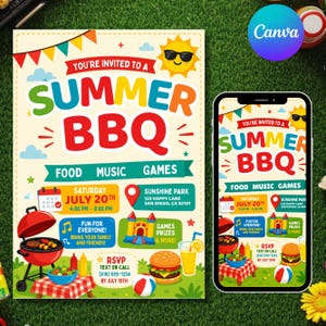 Puede incluir: Un folleto de invitación para una barbacoa de verano con una parrilla roja, hamburguesa, pelota de playa y sol. El texto incluye: YOU'RE INVITED TO A SUMMER BBQ, FOOD MUSIC GAMES, SATURDAY JULY 20TH 4:00 PM - 8:00 PM, SUNSHINE PARK 123 HAPPY LANE.