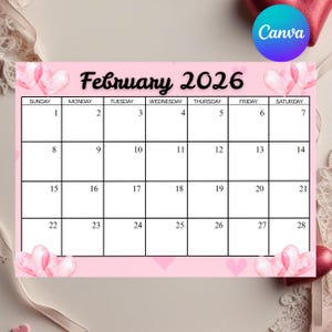 Könnte beinhalten: Ein rosa Februar 2026 Kalender mit Herzdesign. Das Kalendarium ist schwarz, mit den Wochentagen oben. Aquarellherzen verzieren die Ränder. Das Canva-Logo befindet sich oben rechts.
