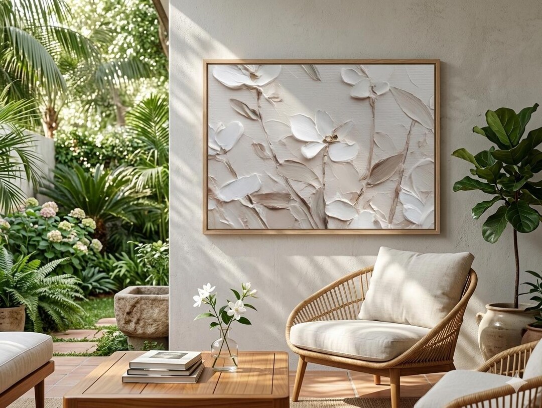 Textured White Floral Oil Painting on Canvas, 3D Impasto Flower Wall ...