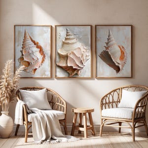 Coastal Seashell Triptych Canvas Art – Minimalist Set of 3 Wall Art Prints, Digital Download