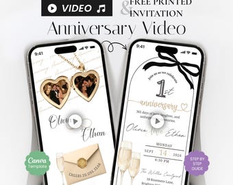 Invitación en vídeo para el primer aniversario, champán con lazo negro, invitación electrónica animada de Canva (vídeo MP4)