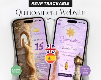 Bilingual Rapunzel Fairytale Quinceañera Invitation Canva Template (Sweet 15/16)