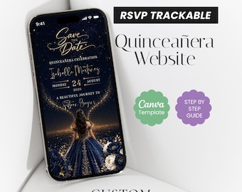 Plantilla de Canva para sitio web de Quinceañera "Reserva la fecha", invitación electrónica floral azul marino y dorada (descarga digital)