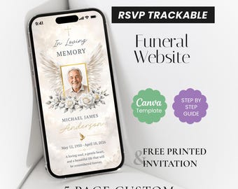 Invitación para sitio web funerario, Memorial floral blanco, Celebración de la vida (Descarga digital)