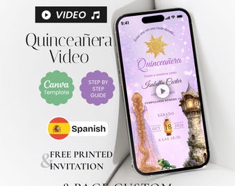 Editable Spanish Rapunzel Quinceañera Video Invitation, Fairytale Canva Template (Digital Download)