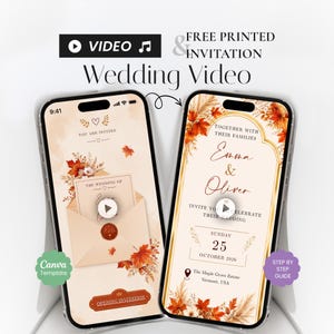 May include: Two smartphones displaying a digital wedding invitation template with autumn leaf motifs. The screens show text including "Together with their families," "Emma & Oliver," "Sunday 25 October 2026," and "The Maple Grove Estate, Vermont, USA."