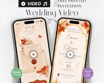 Invitación de boda en vídeo de otoño, hojas de arce, plantilla romántica de Canva (descarga digital)