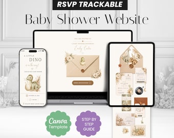 Invitación para baby shower con temática bohemia neutra de dinosaurios, invitación digital animada con diseño floral para Canva (descarga digital)