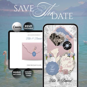 Blush Pink & Blue Save the Date Website Template | Wedding Invitation with Canva RSVP | Instant Download