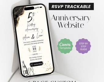 Plantilla de sitio web para el 5.º aniversario, invitación estilo doodle en blanco y negro, página para evento de renovación de votos