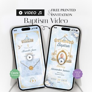 Può includere: Due smartphone mostrano un modello di invito digitale per battesimo con un tema a giostra nei toni del blu e dell'oro. Gli schermi presentano testo come Baptism, Alexander James e dettagli dell'evento, con la foto di un bambino in una cornice.