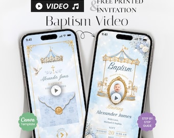 Editable Carousel Baptism Video Invitation, Blue Baby Boy Christening (Digital Download)
