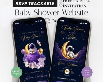 Astronaut Baby Shower Invitation Website, Galaxy Stars Animated E-Invite (Canva Template)
