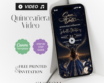 Invitación en video para quinceañera "Reserva la fecha", plantilla editable de Canva con diseño floral en azul marino y dorado (descarga digital).