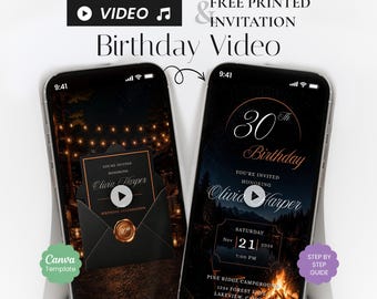 Bonfire Birthday Video Invitation, Black Orange Canva Template (Digital Download)