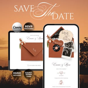 May include: A digital Save the Date invitation template displayed on a tablet and smartphone screen. The design features a burnt orange envelope, floral accents, two black and white photos, a vinyl record icon, and text reading Emma & Liam.