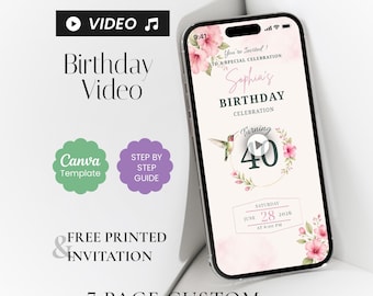 Invitación de cumpleaños en vídeo con colibrí floral rosa, plantilla de Canva (descarga digital)
