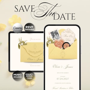 May include: A digital Save the Date invitation displayed on a smartphone and tablet screen. The design features a yellow envelope, a heart-shaped card with the date July 24, 2027, a king of hearts playing card, and text reading Olivia & James.