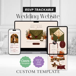 May include: A digital wedding website template displayed on a laptop, smartphone, and tablet. The design features an autumn theme with dark green envelopes, dried floral arrangements, and maroon accents. Text includes RSVP TRACKABLE, Wedding Website, and Emily & James.