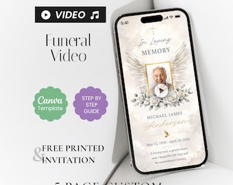 Invitación en vídeo para funeral, homenaje floral blanco, animación para la celebración de la vida (editable en Canva)