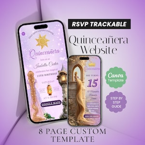 May include: Two smartphones displaying a Quinceañera website template. The design features a princess theme with the text "Quinceañera" and "15th Birthday." Additional text includes "RSVP Trackable," "Canva Template," and "8 Page Custom Template."