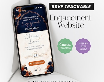 Sitio web de invitación de compromiso floral en naranja quemado, plantilla Canva azul marino otoñal