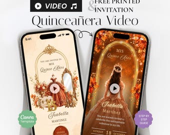 Invitación en video de quinceañera floral de otoño, plantilla Canva de terracota (invitación digital)