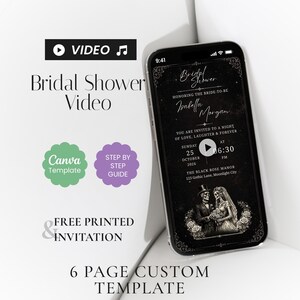 Könnte beinhalten: Ein Smartphone zeigt eine digitale Einladungsvorlage für eine Brautparty mit schwarzem Hintergrund, gotischen Blumenrändern und einer Illustration eines Skelettpaares. Der Text enthält Bridal Shower und Isabella Morgan.