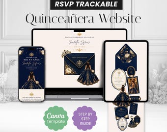 Navy Blue Gold Floral Quinceañera Invitation Website, Sweet 15/16 Canva Template