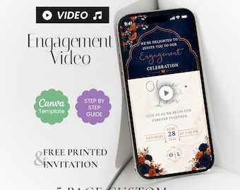 Video de invitación de compromiso con diseño floral en naranja quemado, plantilla elegante de Canva en azul marino (MP4)
