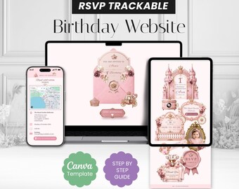 Plantilla de Canva para invitación de cumpleaños animada con diseño floral rosa de princesa (descarga digital)