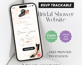 Invitación para sitio web de despedida de soltera con diseño floral, plantilla elegante Black Hat para Canva (descarga digital)